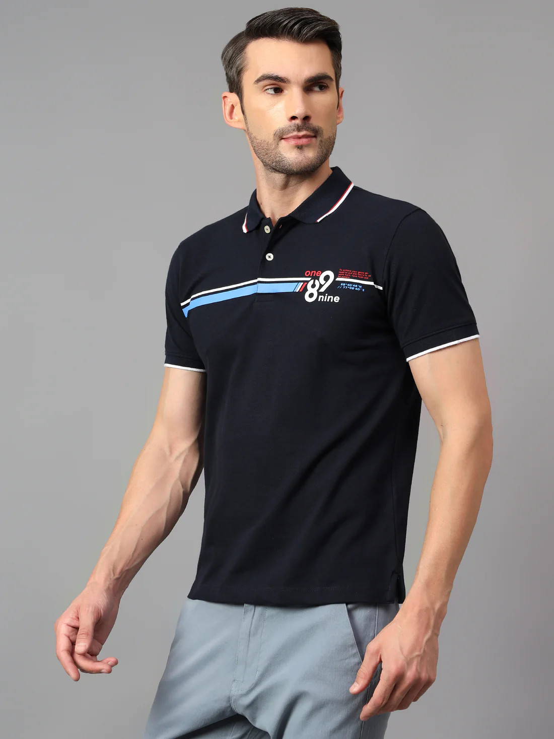 Men's Navy Blue Printed Polo Neck Half Sleeve T-shirt