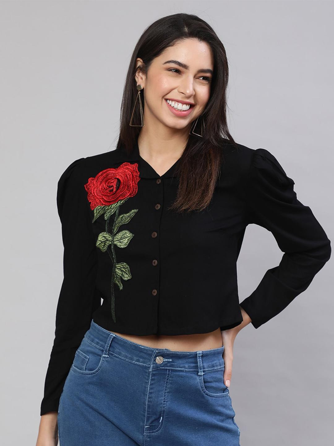 Applique Puff Sleeves Shirt Collar Top