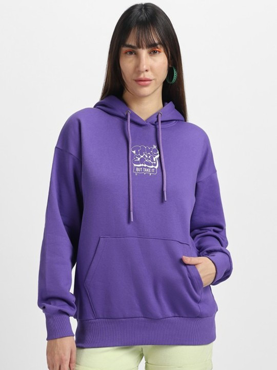 Women Purple Graphic Printed Cotton Fleece Hooded Pullover Oversized Sweatshirt